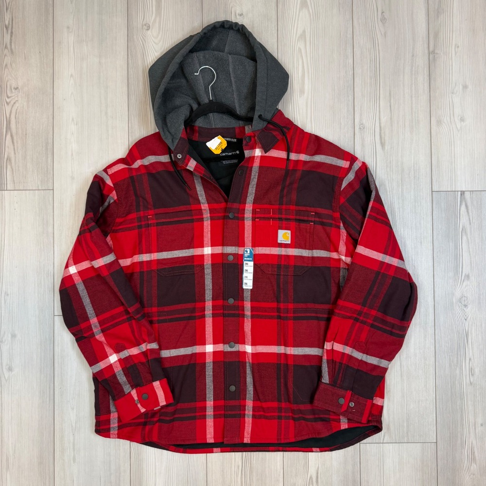 Carhartt Rugged Flex Fleece Lined Hooded Plaid Shirt Jacket Red Mens 2XL TJ5621M